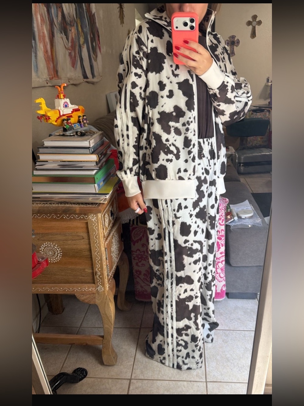 Adidaa Brown and White Satin Cow Print Set ( jacket & wide leg pants)